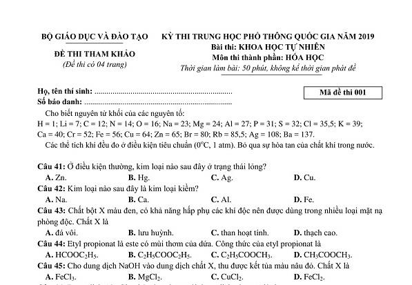 Bộ GD - ĐT công bố đề thi tham khảo THPT quốc gia 2019 môn Hóa học