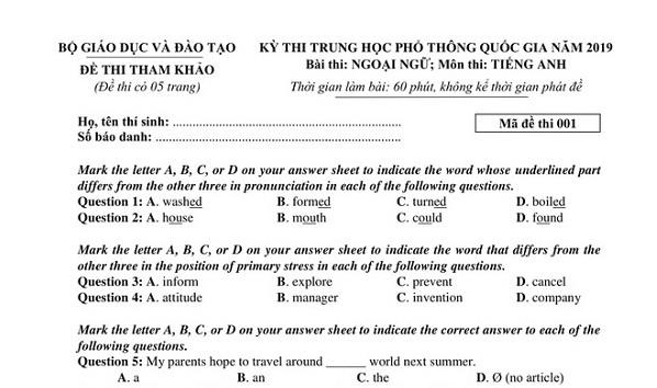 Bộ GD - ĐT công bố đề thi tham khảo THPT quốc gia 2019 môn tiếng Anh