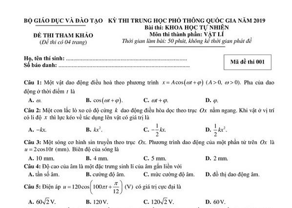 Bộ GD - ĐT công bố đề thi tham khảo THPT quốc gia 2019 môn Vật lý
