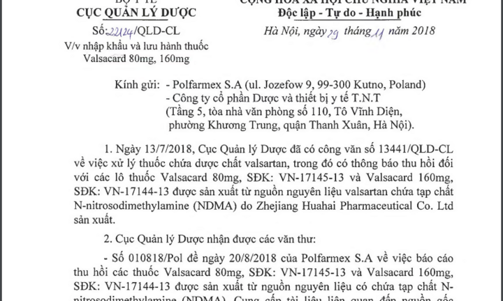 Quyết định mới về việc nhập khẩu và lưu hành thuốc Valsacard 80mg, 160mg