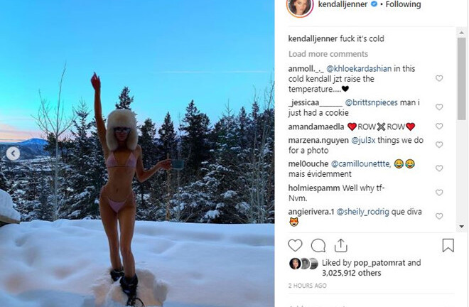 “Nóng hừng hực” vì bức ảnh Kendall Jenner mặc bikini phơi dáng giữa trời tuyết lạnh