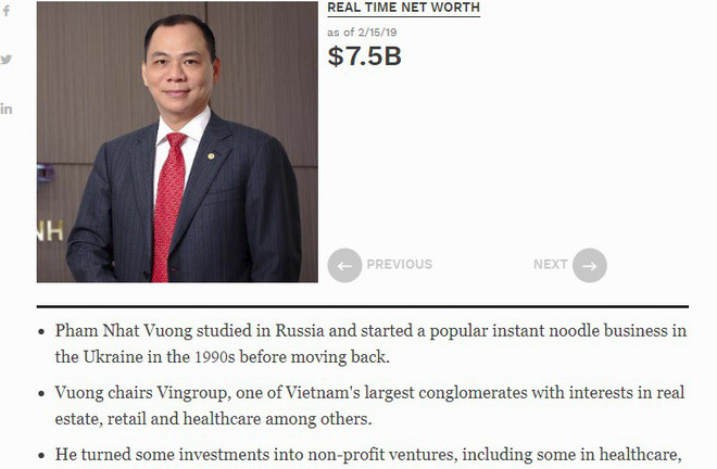Tỷ phú Phạm Nhật Vượng lần đầu vào top 200 người giàu nhất thế giới