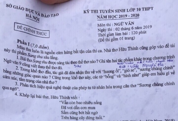 Đáp án, đề thi môn Ngữ Văn vào lớp 10 tại Hà Nội chuẩn và chính xác nhất