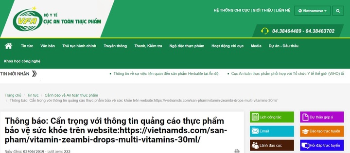 Cảnh báo quảng cáo lừa đảo người tiêu dùng có liên quan đến sản phẩm ZEAMBI Drops Multi – Vitamins