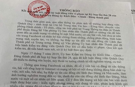 Chuyên viên văn phòng UBND TP. HCM bị khai trừ khỏi Đảng