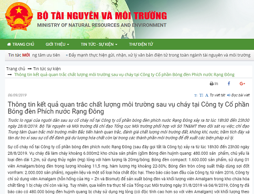 Vụ cháy công ty Rạng Đông: Sau khi biến mất, kết quả quan trắc trở lại trên website bộ TN&MT nhưng có chỉnh sửa