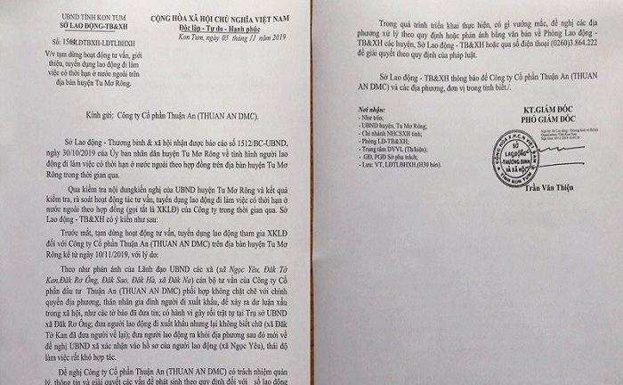Tạm dừng hoạt động một doanh nghiệp xuất khẩu lao động tại Kon Tum
