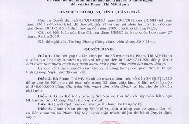 Không về tỉnh công tác, con 4 lãnh đạo ở Quảng Ngãi du học nước ngoài phải hoàn trả hơn 9 tỷ đồng
