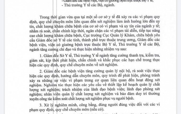 Bộ Y tế yêu cầu tất cả các bệnh viện chấn chỉnh hoạt động xét nghiệm