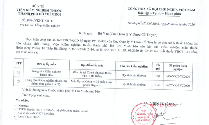 Kết quả kiểm nghiệm trên 02 mẫu bổ sung khảng định chất lượng thuốc Phong tê thấp Bà Giằng 