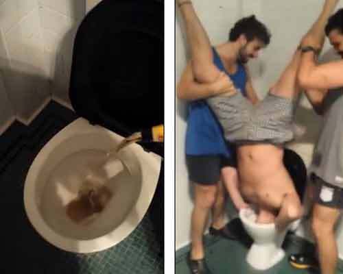 Quái đản màn trình diễn đổ bia vào bồn cầu để uống