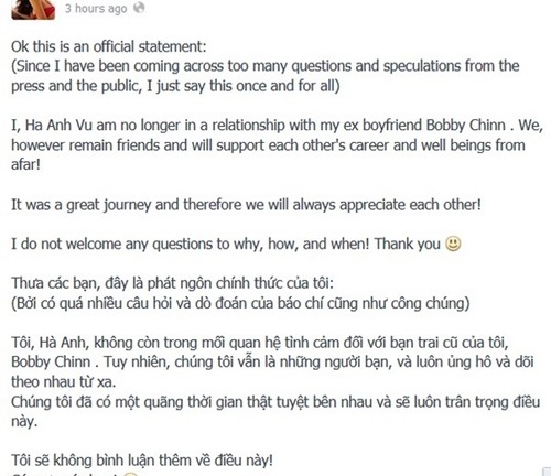 Hà Anh công bố chia tay đầu bếp Bobby Chinn