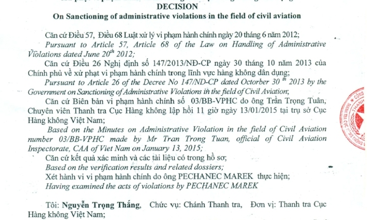 Quyết định phạt cơ trưởng ấn nhầm mã
