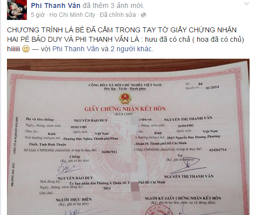 Phi Thanh Vân khoe giấy đăng ký kết hôn