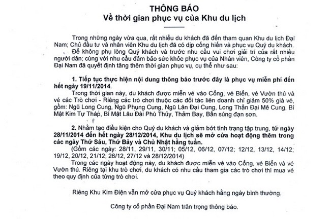 Đại Nam lại nới ngày mở cửa, tiếp tục thu phí