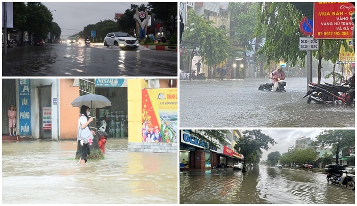 Mưa lớn khiến đường phố Vinh ngập sâu, một số trường thông báo nghỉ học
