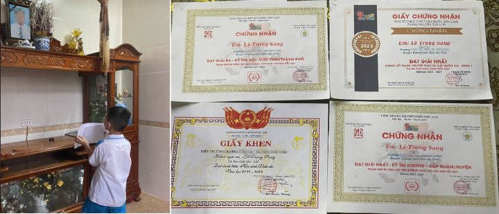 Xót xa cảnh cậu bé lớp 1 khoe giấy khen trước di ảnh của người bố đã khuất