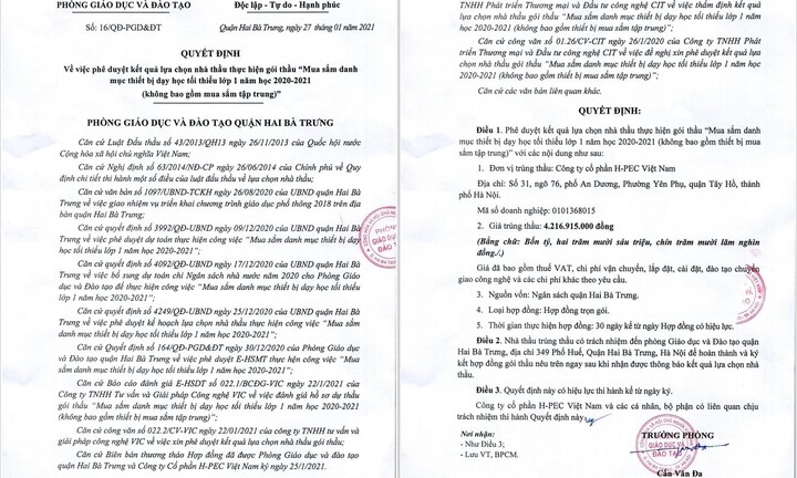 Hà Nội: Giá thiết bị trong gói thầu của phòng Giáo dục và Đào tạo quận Hai Bà Trưng cao bất thường