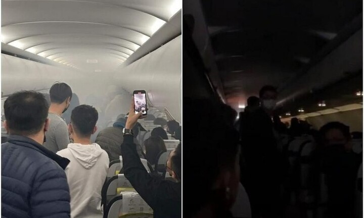 Một phần cabin máy bay bốc khói trắng dày đặc vì nổ sạc dự phòng