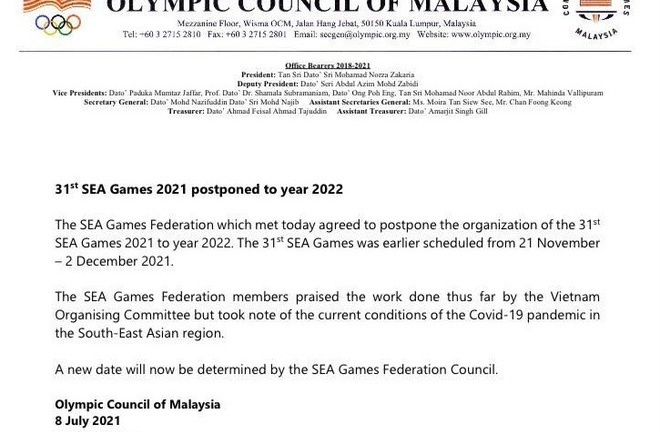 Hoãn SEA Games 31 vì ảnh hưởng của dịch COVID-19