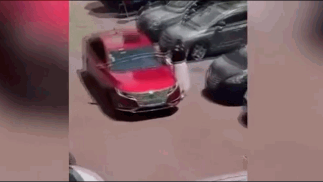 Nữ tài xế dùng thước đo chiều ngang ô tô trước khi lùi vào khoảng trống gây 