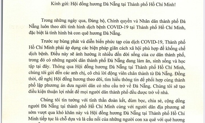 Chủ tịch Đà Nẵng gửi tâm thư cho Hội đồng hương tại TP.HCM, lên phương án đón bà con về quê