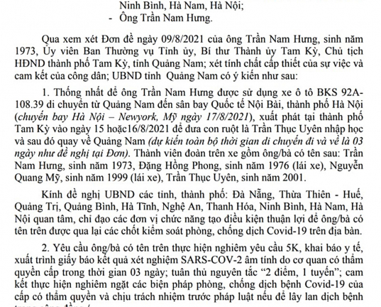 Quảng Nam lên tiếng về văn bản cho Bí thư TP.Tam Kỳ chở con ra Hà Nội đi Mỹ du học
