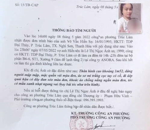 Nữ công nhân 23 tuổi mất tích