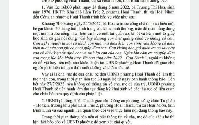 Vụ bé gái 20 tháng tuổi bị bỏ rơi trước nhà dân: Bất ngờ nội dung lá thư