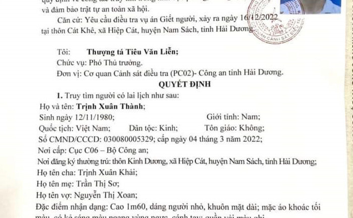 Vụ án mạng ở Hải Dương: Truy tìm nghi phạm Trịnh Xuân Thành