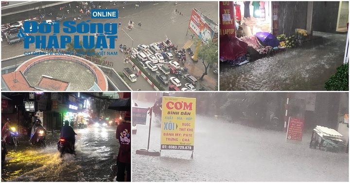 Hà Nội mưa xối xả, người dân chật vật di chuyển trên các tuyến đường ngập nước, xe cộ kẹt cứng