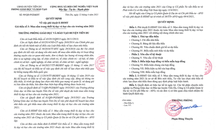 Bắc Ninh: Thông tin thiếu rõ ràng về mua sắm thiết bị tại phòng Giáo dục và Đào tạo huyện Tiên Du 