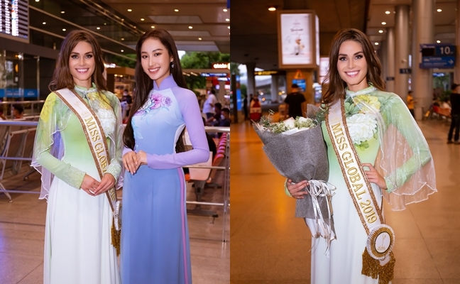 Miss Global 2019 đến Việt Nam, diện áo dài lụa đọ sắc vóc yêu kiều với Đoàn Hồng Trang