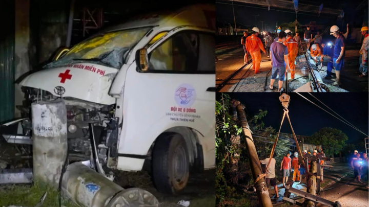Xe cấp cứu tông gãy cột điện, 2 người bị thương hơn 750 hộ dân mất điện