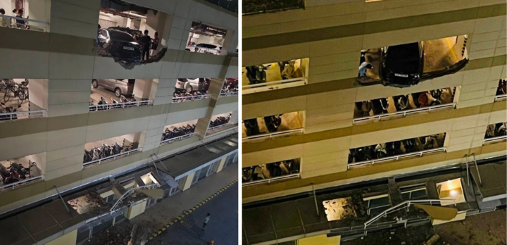 Nữ tài xế lùi ô tô tông thủng tường bãi đậu xe, suýt rơi từ lầu 4 xuống đất