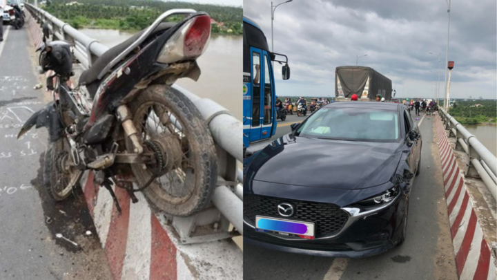 Ô tô lấn đường, tông xe máy trên cầu Hàm Luông hất một người văng xuống sông mất tích