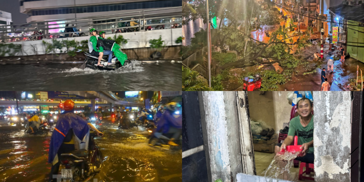 Cây đổ, đường phố ngập nước sau cơn mưa lớn ở TP.HCM