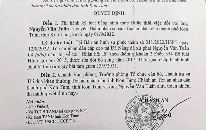 Nhận hối lộ 20 triệu đồng, một thẩm phán ở Kon Tum bị buộc thôi việc
