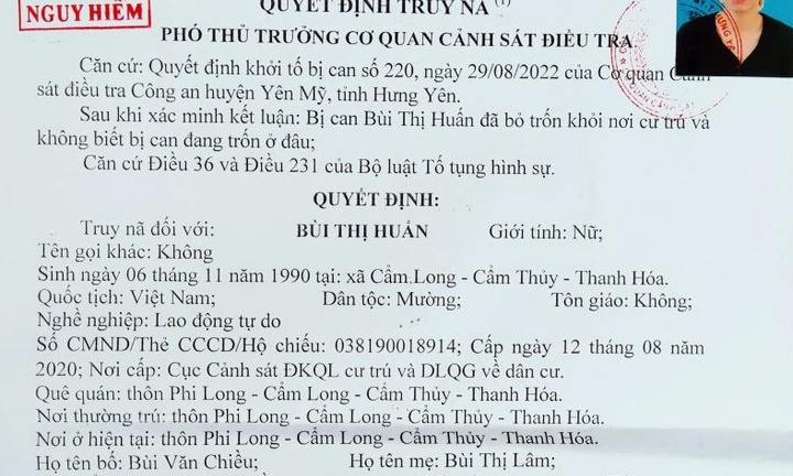 Người phụ nữ có lệnh truy nã nguy hiểm