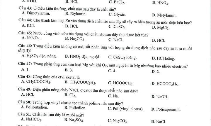 Kỳ thi tốt nghiệp THPT 2023: Đề thi, đáp án tham khảo môn Hóa học