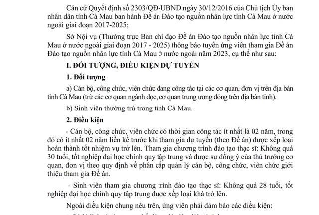 Cà Mau: Tuyển ứng viên đi học thạc sĩ ở nước ngoài 