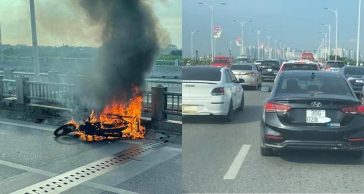 Đang lưu thông trên cầu Vĩnh Tuy, xe máy bốc cháy dữ dội