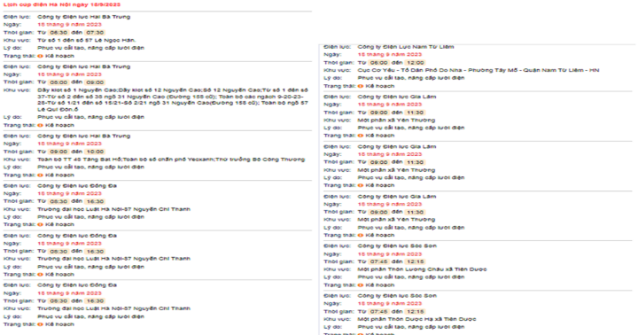 Thông báo lịch cắt điện Hà Nội ngày mai (18/9) – Cập nhật mới nhất