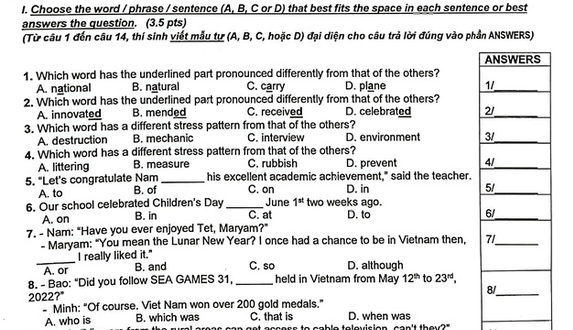 Đề thi môn tiếng Anh vào lớp 10 ở TP. HCM năm 2022