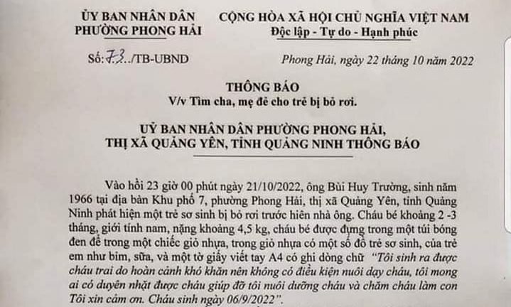 Vụ bé trai sơ sinh bị bỏ rơi trong đêm: Nội dung tờ giấy A4 viết tay