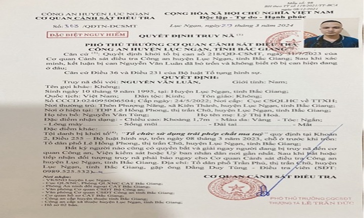 Truy nã đối tượng tổ chức sử dụng trái phép chất ma tuý ở Bắc Giang