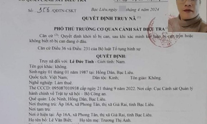  Tin tức pháp luật mới nhất ngày 2/5: Công an Bạc Liêu truy nã Lê Đức Tính 
