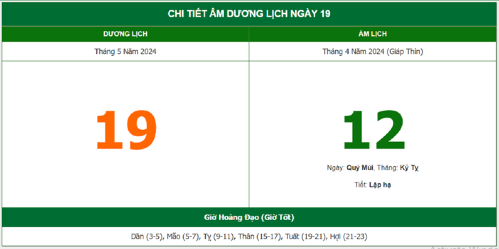 Xem lịch âm hôm nay 19/5/2024 - Âm lịch hôm nay 19/5 chuẩn nhất
