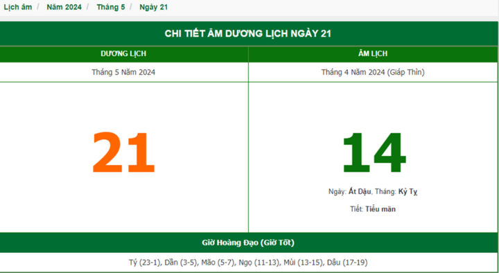 Xem lịch âm hôm nay 21/5/2024 - Âm lịch hôm nay 21/5 chuẩn nhất