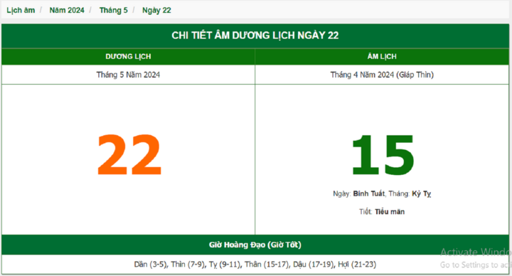 Xem lịch âm hôm nay 22/5/2024 - Âm lịch hôm nay 22/5 chuẩn nhất